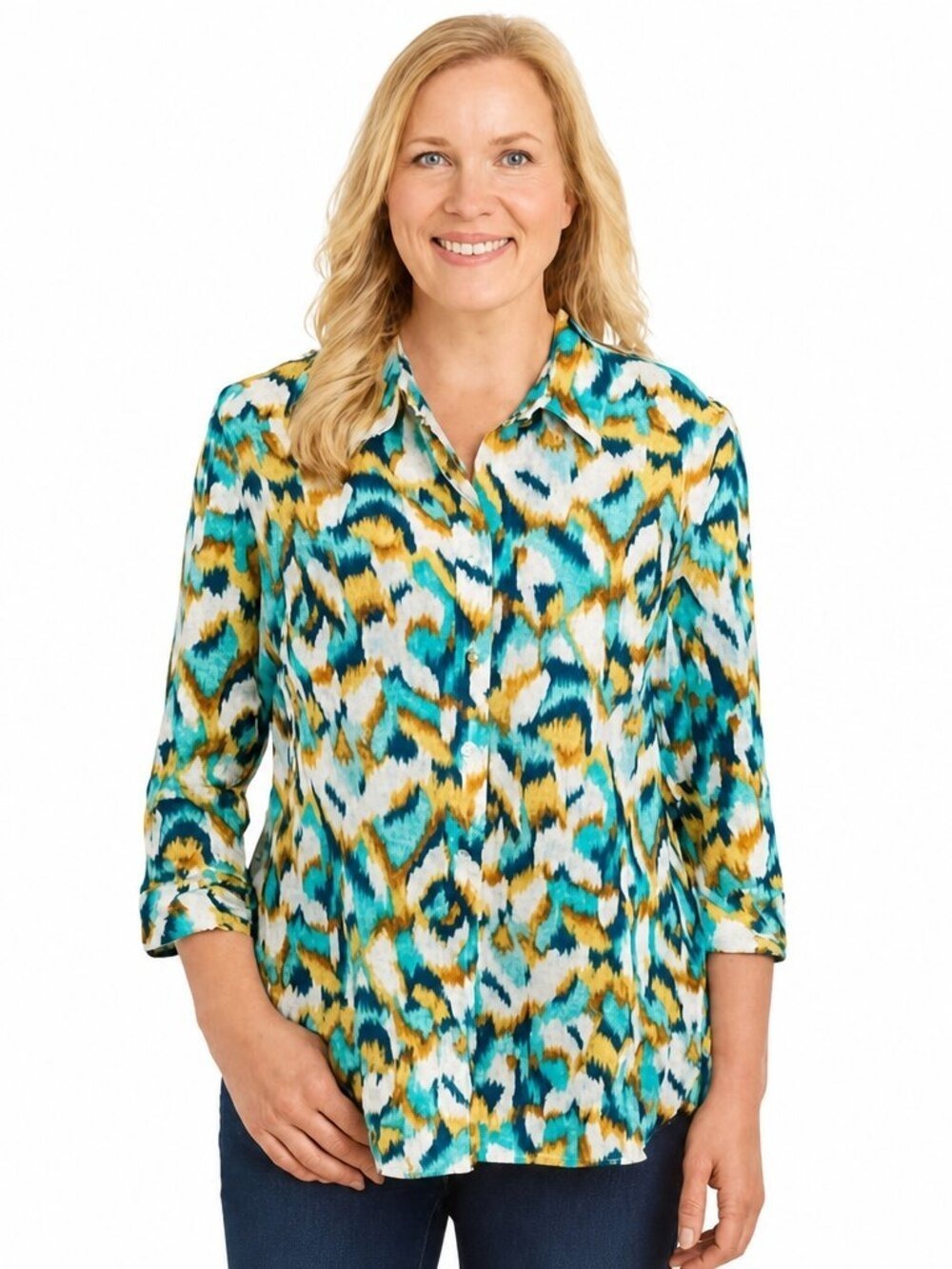 Chico’s XL Bold Print Button Down Shirt – 3/4 Sleeve, EUC -- 100% Linen No Iron